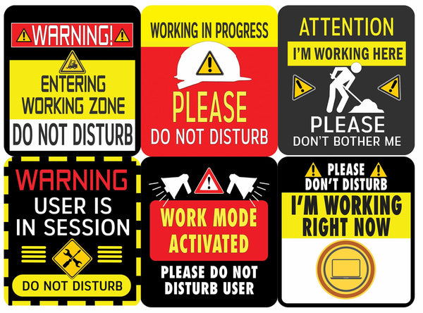 Creanoso Vinyl PVC Work Do Not Disturb Stickers (6-Sheets) - Medium A6 Size approx. 4 x 4 inches DIY decoration decal for any flat surface laptops, skateboards, luggage, cars, bumpers, bikes, bicycles