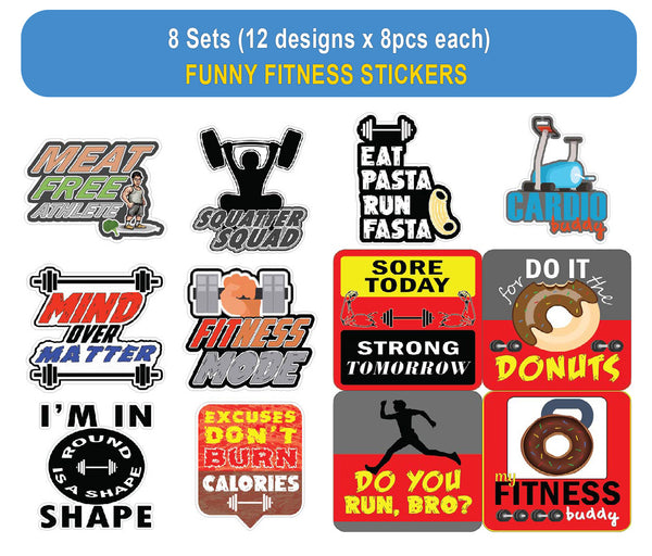 Funny Fitness Stickers - 8 Bulk Sets (12 des. x 8pcs ea.) - approx. A7-sized 3.55x 3.94 in. DIY decoration decal for any flat surface laptops, skateboards, luggage, cars, bumpers, bikes