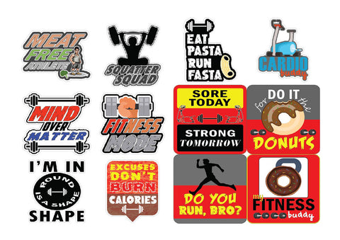 Funny Fitness Stickers - 8 Bulk Sets (12 des. x 8pcs ea.) - approx. A7-sized 3.55x 3.94 in. DIY decoration decal for any flat surface laptops, skateboards, luggage, cars, bumpers, bikes