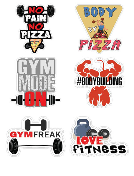 Gym Fitness Stickers - 8 Bulk Sets (12 des. x 8pcs ea.) - approx. A7-sized 3.55x 3.94 in. DIY decoration decal for any flat surface laptops, skateboards, luggage, cars, bumpers, bikes