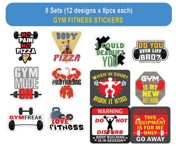 Gym Fitness Stickers - 8 Bulk Sets (12 des. x 8pcs ea.) - approx. A7-sized 3.55x 3.94 in. DIY decoration decal for any flat surface laptops, skateboards, luggage, cars, bumpers, bikes