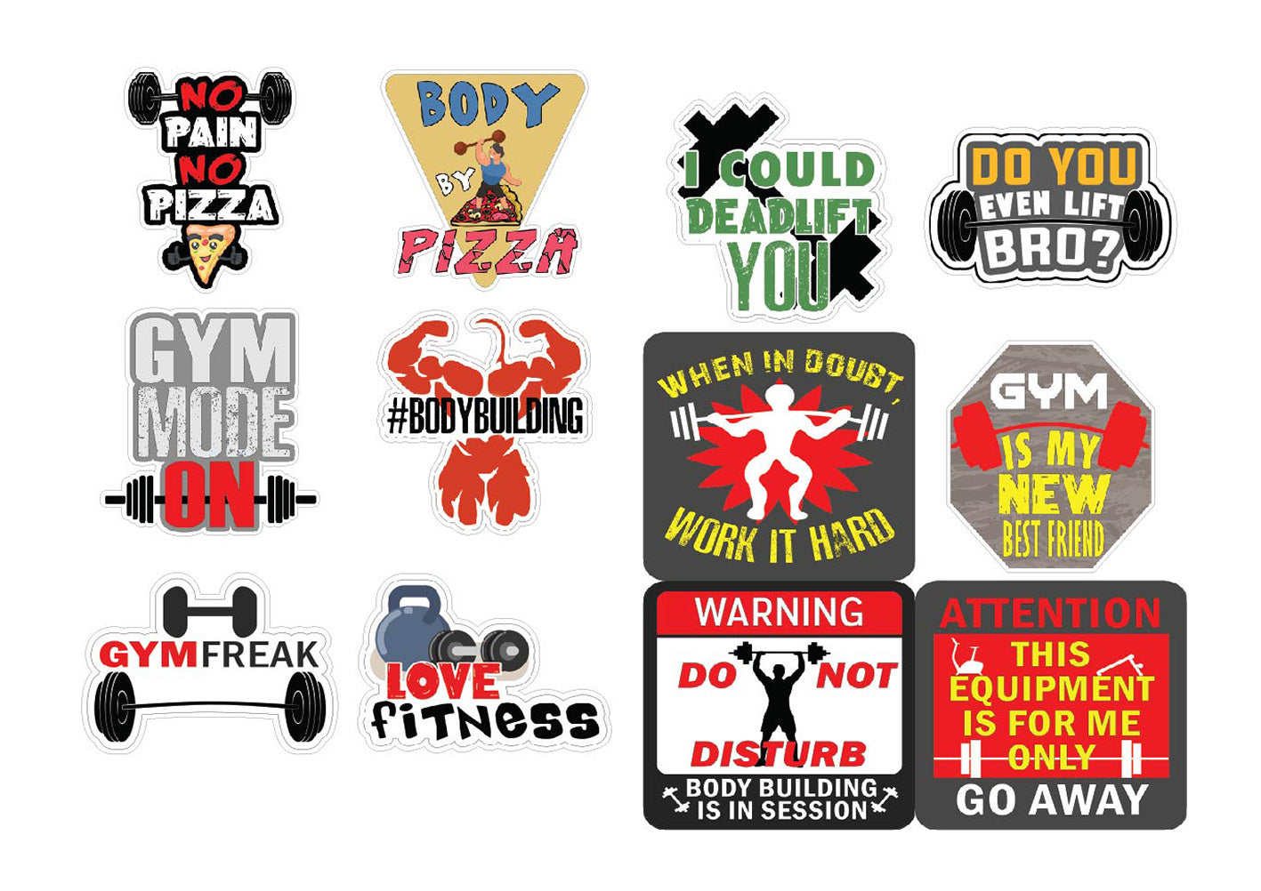 Gym Fitness Stickers - 8 Bulk Sets (12 des. x 8pcs ea.) - approx. A7-sized 3.55x 3.94 in. DIY decoration decal for any flat surface laptops, skateboards, luggage, cars, bumpers, bikes