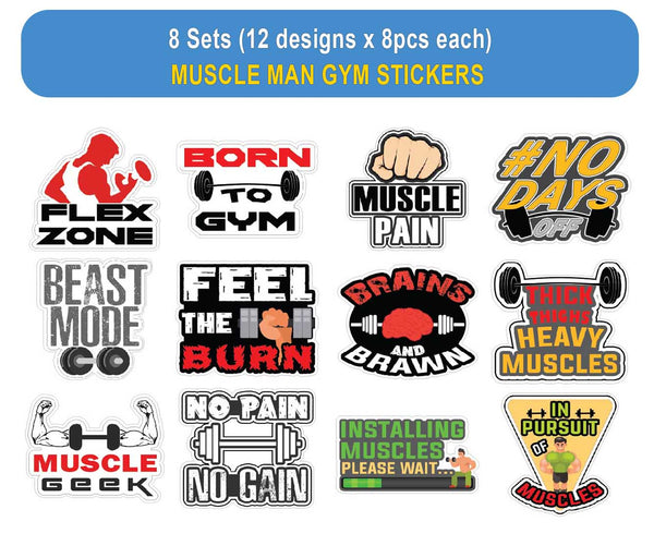 Muscle Man Gym Stickers - 8 Bulk Sets (12 des. x 8pcs ea.) - approx. A7-sized 3.55x 3.94 in. DIY decoration decal for any flat surface laptops, skateboards, luggage, cars, bumpers, bikes