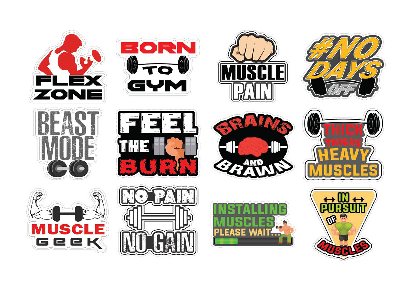 Muscle Man Gym Stickers - 8 Bulk Sets (12 des. x 8pcs ea.) - approx. A7-sized 3.55x 3.94 in. DIY decoration decal for any flat surface laptops, skateboards, luggage, cars, bumpers, bikes