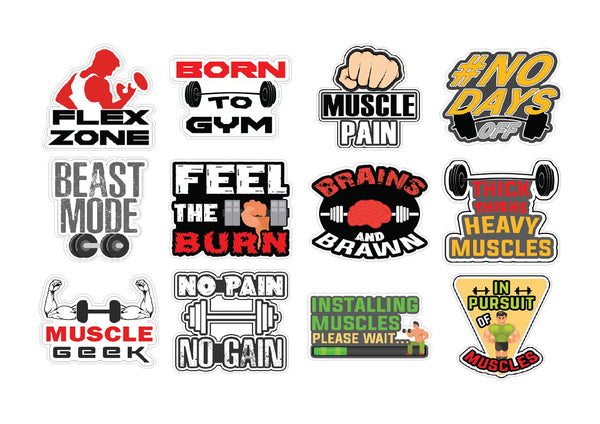 Muscle Man Gym Stickers - 8 Bulk Sets (12 des. x 8pcs ea.) - approx. A7-sized 3.55x 3.94 in. DIY decoration decal for any flat surface laptops, skateboards, luggage, cars, bumpers, bikes