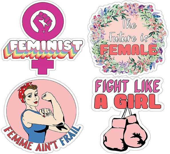 Feminist Stickers - 4 Bulk Sets (12 des. x 4pcs ea.) - approx. A7-sized 3.55x 3.94 in. Classroom Reward Incentives for Students and Children - Stocking Stuffers Party Favors & Giveaways