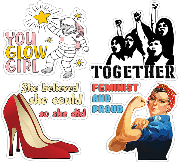 Feminist Stickers - 4 Bulk Sets (12 des. x 4pcs ea.) - approx. A7-sized 3.55x 3.94 in. Classroom Reward Incentives for Students and Children - Stocking Stuffers Party Favors & Giveaways