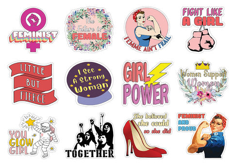 Feminist Stickers - 4 Bulk Sets (12 des. x 4pcs ea.) - approx. A7-sized 3.55x 3.94 in. Classroom Reward Incentives for Students and Children - Stocking Stuffers Party Favors & Giveaways