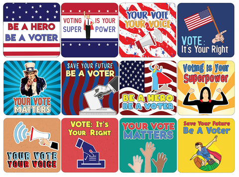 Creanoso Be A Hero -Be A Voter Stickers - 12 Designs x 2 Set (24 pcs) - Classroom Reward Incentives for Students and Children - Stocking Stuffers Party Favors & Giveaways for Teens & Adults