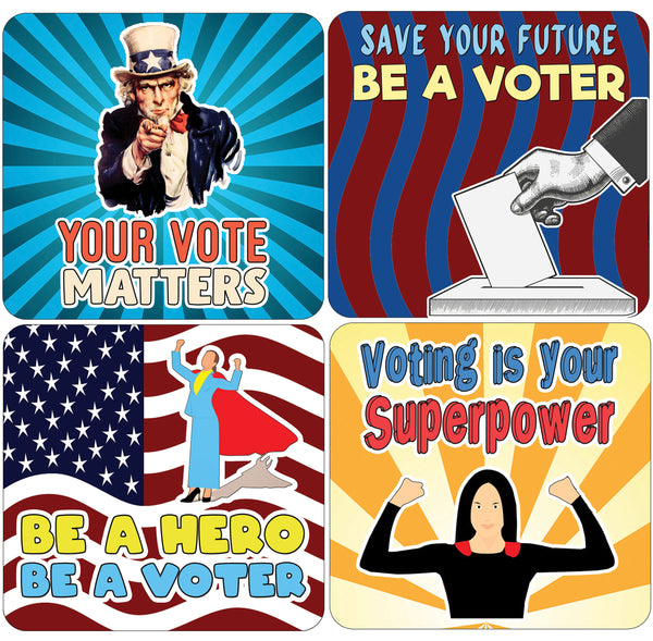 Creanoso Be A Hero -Be A Voter Stickers - 12 Designs x 1 Set (48 pcs) - Premium Quality Gift Ideas for Children, Teens, & Adults for All Occasions - Stocking Stuffers Party Favor & Giveaways