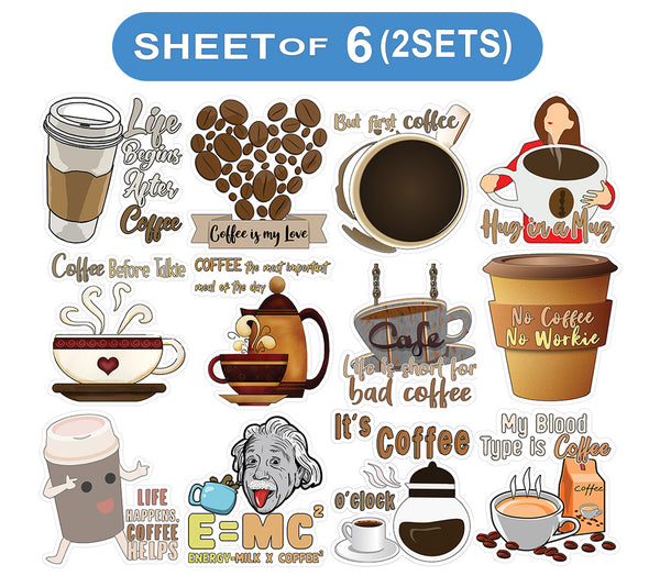 Creanoso Funny Coffee stickers - 12 Stickers x 2 Sets (6-Sheets) - Classroom Reward Incentives for Students and Children - Stocking Stuffers Party Favors & Giveaways for Teens & Adults