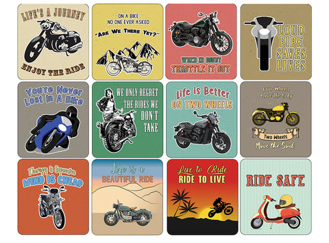 Creanoso Retro Biker Sticker - 12 Stickers x 4 Sets (12-Sheets) - Premium Quality Gift Ideas for Children, Teens, & Adults for All Occasions - Stocking Stuffers Party Favor & Giveaways