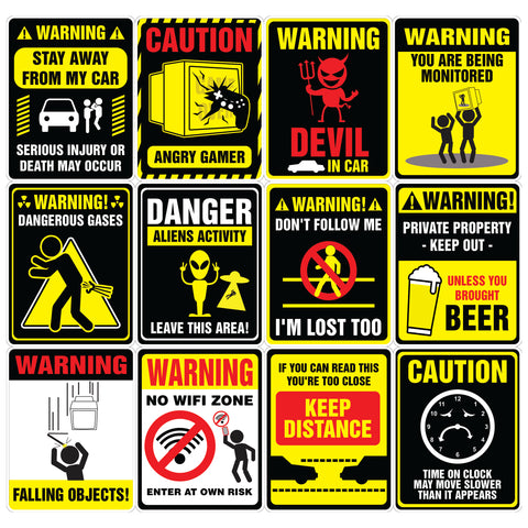 Funny warning signs Stickers - 12 Designs x 1 Set (48 pcs)