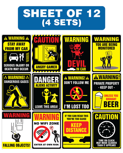 Funny warning signs Stickers - 12 Designs x 1 Set (48 pcs)