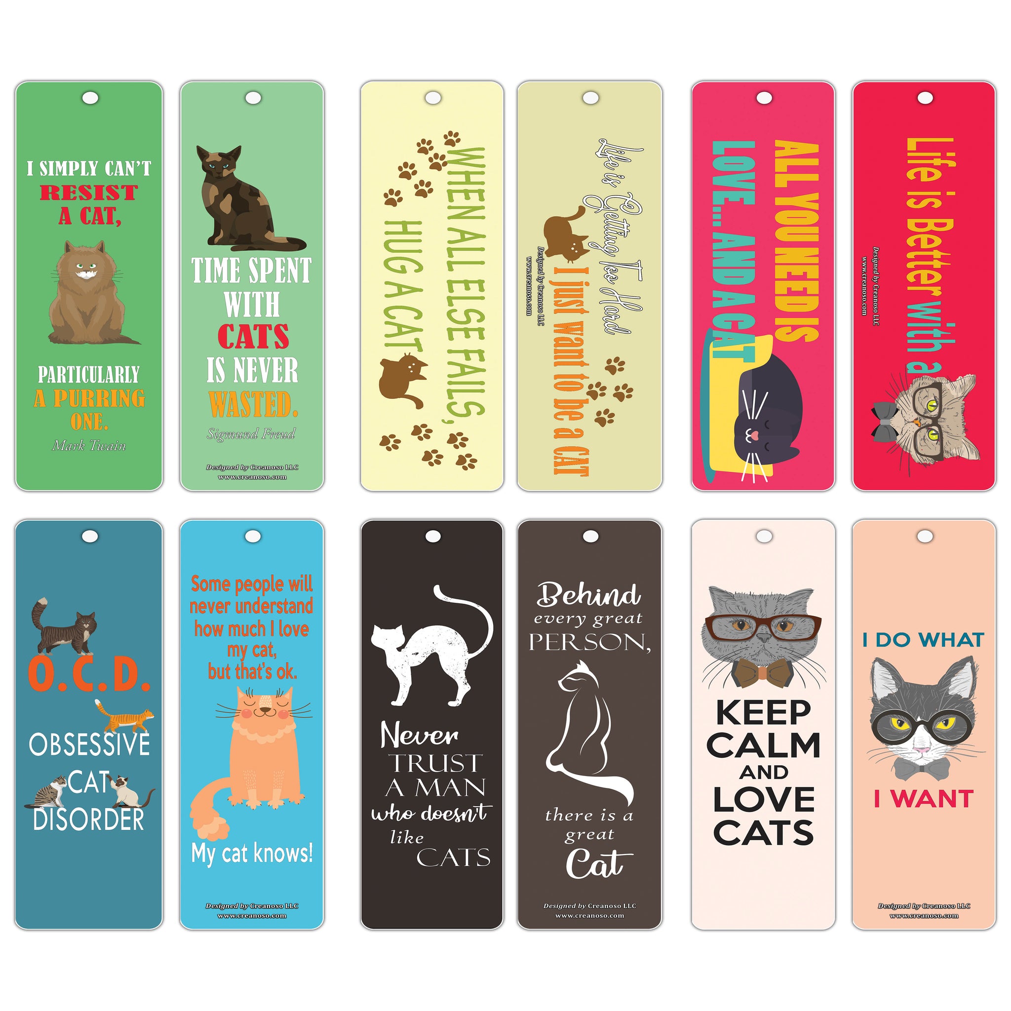 Creanoso Cat Bookmarks - Inspirational Sayings About Being A Cat Lover - Bookmark Card Bulk Set