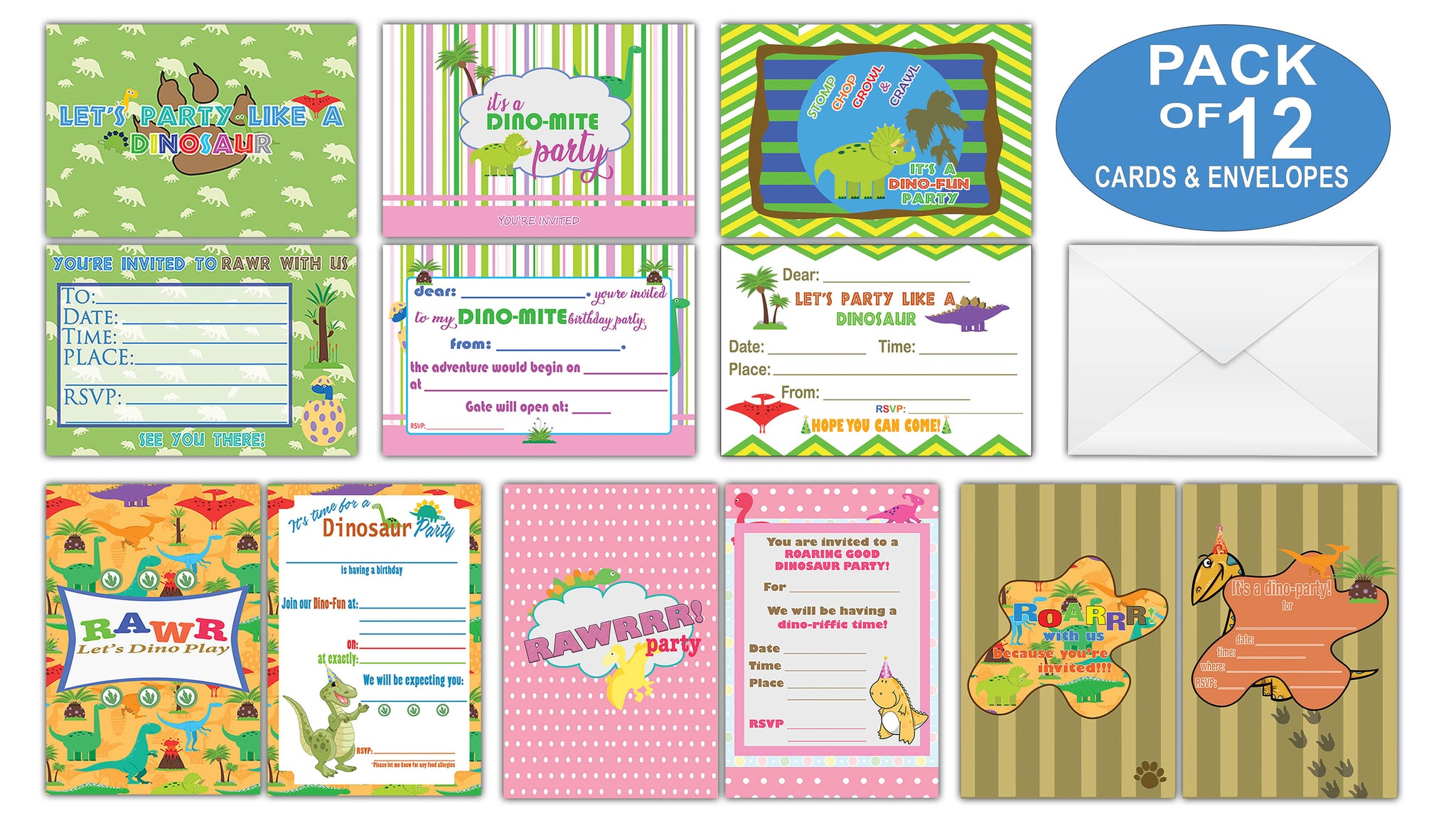 Creanoso Dinosaur Theme Birthday Invitation Cards (12-Pack) - Great Gift Card for Boys, Girls, Kids