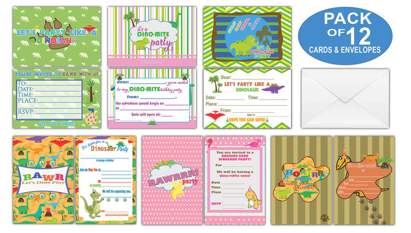 Creanoso Dinosaur Theme Birthday Invitation Cards (12-Pack) - Great Gift Card for Boys, Girls, Kids