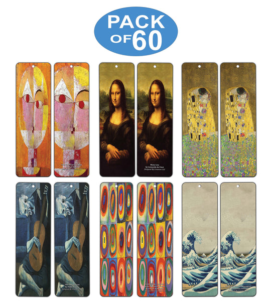 Creanoso Famous Art Bookmarks (60 Pack) - Pablo Picasso, Gustav Klimt, Wassily Kandinsky, Leonardo da Vinci, Paul Klee, Katsushika Hokusai Painting Prints - Bookmarks for Books - Wall Decor