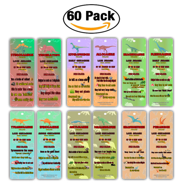 Dinosaur Party Supplies - Jurassic World Fun Facts Bookmark Cards (60-Pack)- Dinomite Birthday Party Favors - T Rex Tyrannosaurus Stegosaurus Triceratops - Stocking Stuffers Gifts