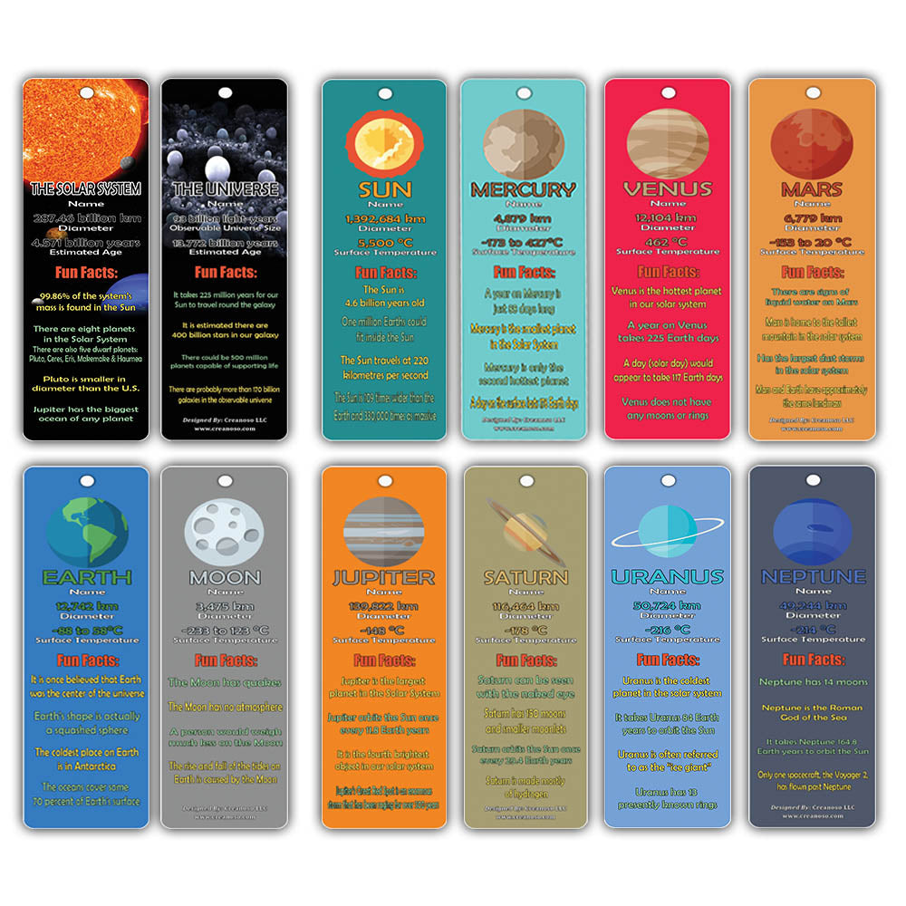 Creanoso Planets and Universe Fun Facts Bookmark Cards - Solar System and Galaxy Learning Pack
