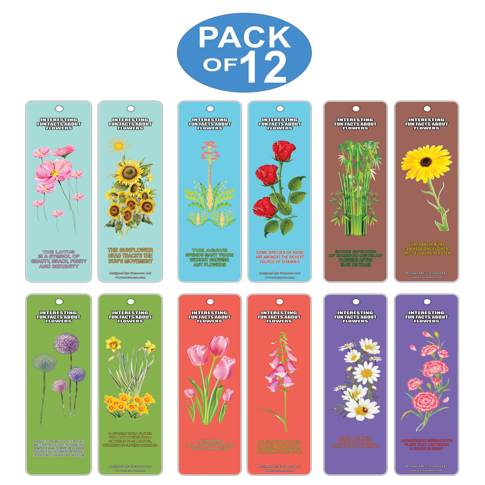 Creanoso Flowers Fun Facts Bookmarks (12-Pack) ÃƒÆ’Ã‚Â¢ÃƒÂ¢Ã¢â‚¬Å¡Ã‚Â¬ÃƒÂ¢Ã¢â€šÂ¬Ã…â€œ Assorted Collection Pack for Boys, Girls, Teens