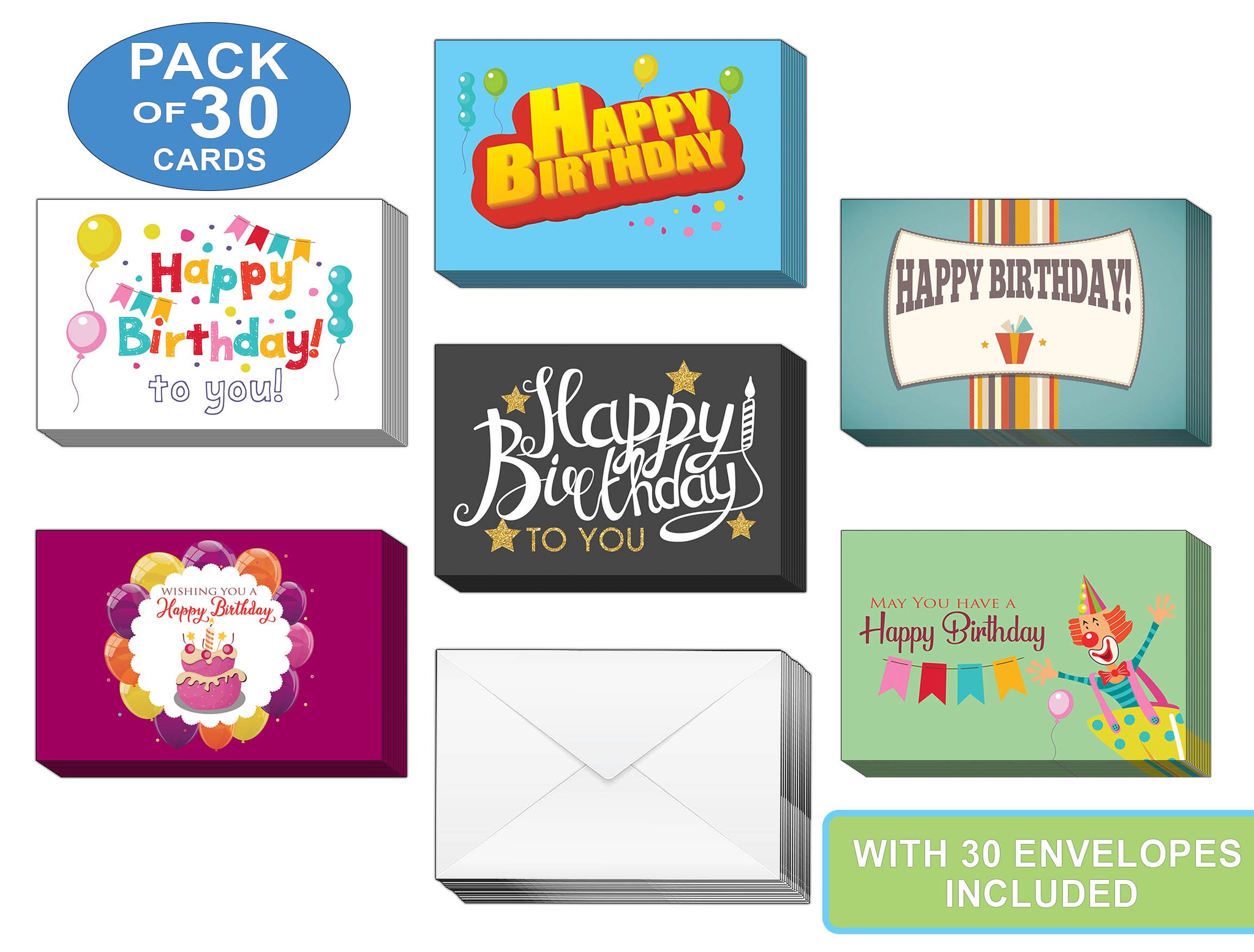 Creanoso Happy Birthday Celebration Greeting Cards (30-Pack) Ã¢â‚¬â€œ Birthday Party Note Bulk Card Set Ã¢â‚¬â€œ Premium Quality Cards Ã¢â‚¬â€œ Stocking Stuffers Gift for Boys, Girls, Teens, Kids, Adult