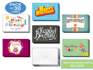 Creanoso Happy Birthday Celebration Greeting Cards (30-Pack) Ã¢â‚¬â€œ Birthday Party Note Bulk Card Set Ã¢â‚¬â€œ Premium Quality Cards Ã¢â‚¬â€œ Stocking Stuffers Gift for Boys, Girls, Teens, Kids, Adult