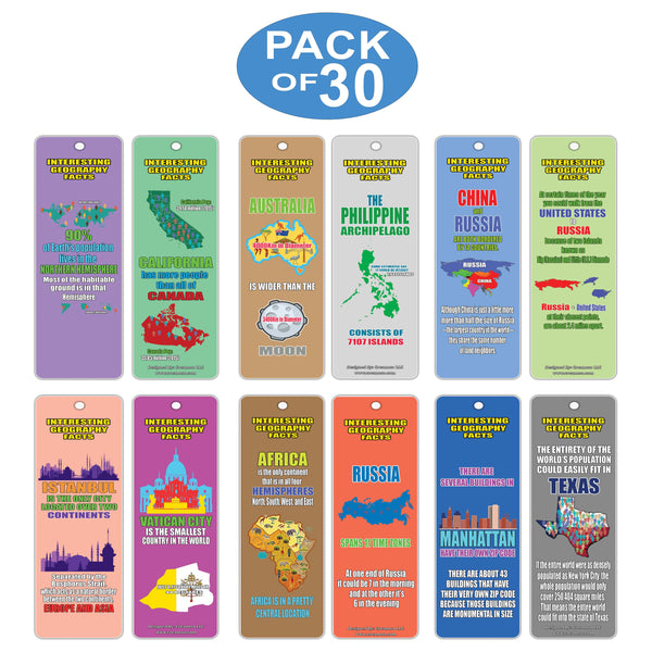 Creanoso Interesting Geography Facts Bookmarks (30-Pack) â€“ Awesome Stocking Stuffers Gifts for Boys and Girls - Excellent Party Favors School Teacher Classroom Reading Rewards Incentives Page Clippers