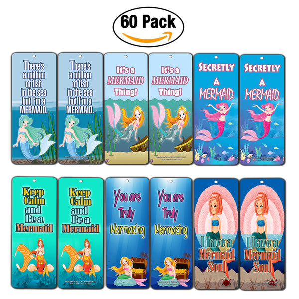Mermaid Bookmarks Cards for Kids Girls (60-Pack) - Party Favors Supplies - Girly Little Girls Young Readers Literary Gifts for Books Reading - Christmas Stocking Stuffers