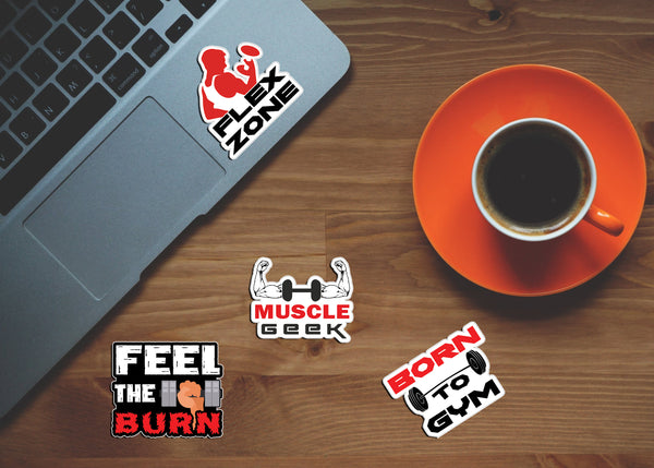 Muscle Man Gym Stickers - 8 Bulk Sets (12 des. x 8pcs ea.) - approx. A7-sized 3.55x 3.94 in. DIY decoration decal for any flat surface laptops, skateboards, luggage, cars, bumpers, bikes