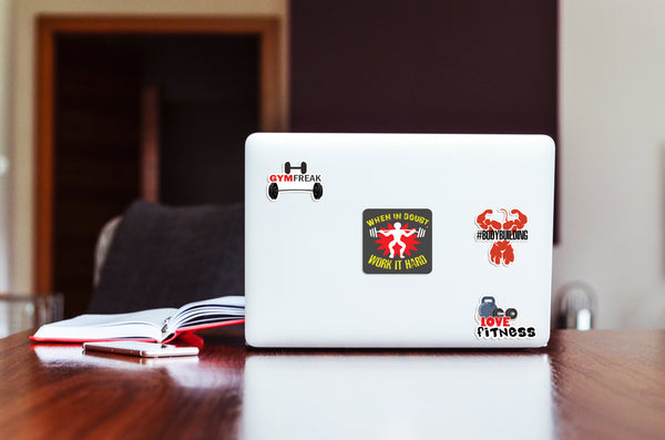 Gym Fitness Stickers - 8 Bulk Sets (12 des. x 8pcs ea.) - approx. A7-sized 3.55x 3.94 in. DIY decoration decal for any flat surface laptops, skateboards, luggage, cars, bumpers, bikes