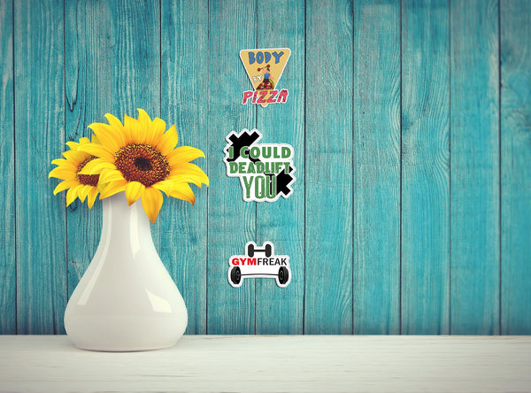 Gym Fitness Stickers - 8 Bulk Sets (12 des. x 8pcs ea.) - approx. A7-sized 3.55x 3.94 in. DIY decoration decal for any flat surface laptops, skateboards, luggage, cars, bumpers, bikes