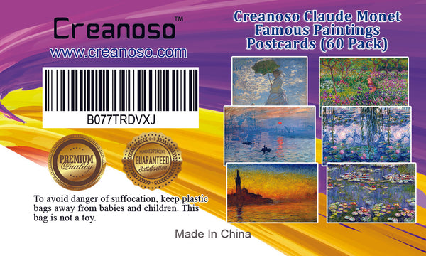 Creanoso Claude Monet Famous Paintings Postcards (60-Packs) - Twilight, Woman with Parasol, Sunrise, Irises, Water lilies, Nympheas - Note Cards Stocking Stuffers Gifts for Men and Women