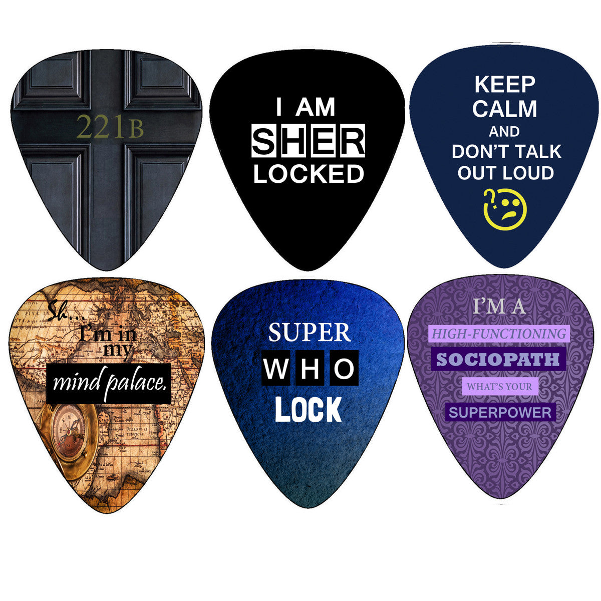 Sherlock Holmes Guitar Picks (12 Pack) - Assorted Thin Medium Thick Celluloid - Cool Unique Gifts