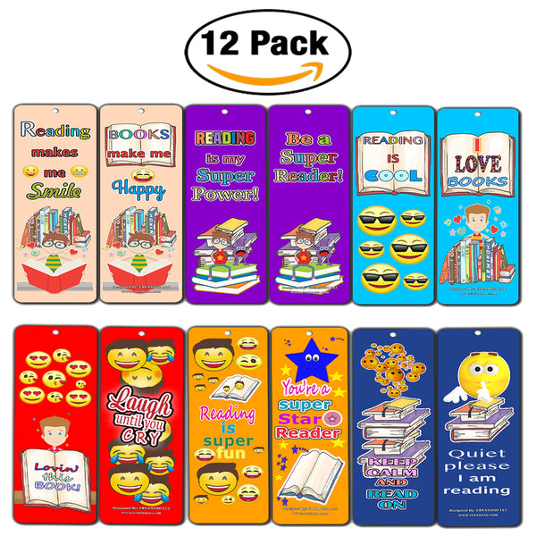 Creanoso Smiley Face Bookmarks Cards for Kids (12-Pack) - Emoji Emoticon Bookmarker â€“ Classroom Incentives â€“ Teacher Rewards - Books Reading Rewards Incentives for Kids Boys Girls â€“ Teaching Supplies