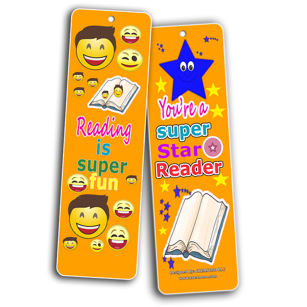 Creanoso Smiley Face Bookmarks Cards for Kids (12-Pack) - Emoji Emoticon Bookmarker â€“ Classroom Incentives â€“ Teacher Rewards - Books Reading Rewards Incentives for Kids Boys Girls â€“ Teaching Supplies