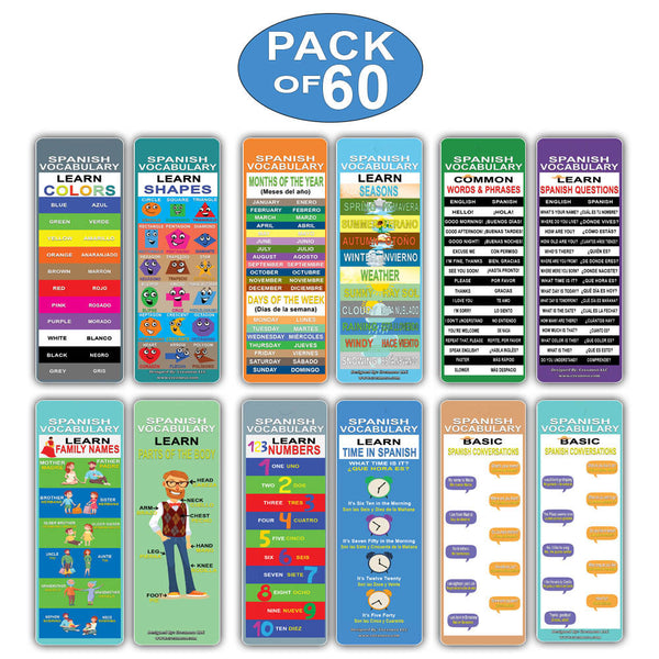 Creanoso Spanish Vocabulary Learning Bookmarks (60-Pack) ÃƒÆ’Ã‚Â¢ÃƒÂ¢Ã¢â‚¬Å¡Ã‚Â¬ÃƒÂ¢Ã¢â€šÂ¬Ã…â€œ Inspiring Language Learning Pack - Excellent Party Favors Teacher Classroom Reading Rewards and Cool Gifts for Young Readers, Bibliophiles
