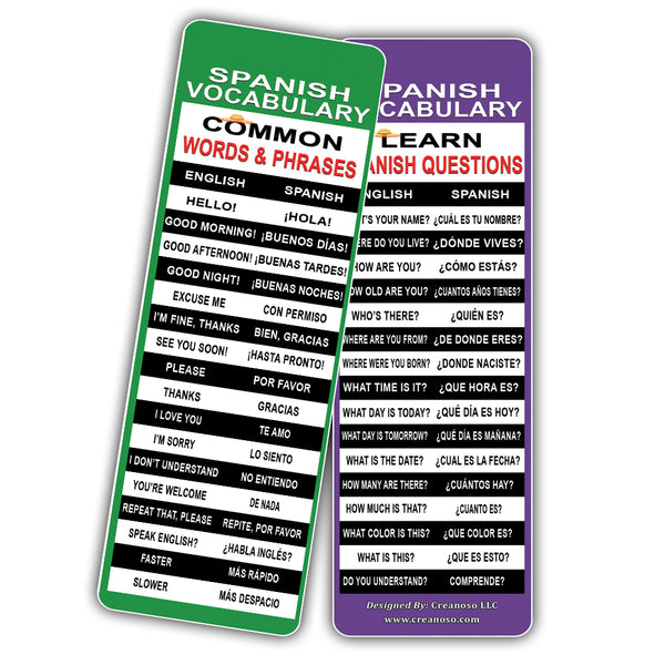 Creanoso Spanish Vocabulary Learning Bookmarks (60-Pack) ÃƒÆ’Ã‚Â¢ÃƒÂ¢Ã¢â‚¬Å¡Ã‚Â¬ÃƒÂ¢Ã¢â€šÂ¬Ã…â€œ Inspiring Language Learning Pack - Excellent Party Favors Teacher Classroom Reading Rewards and Cool Gifts for Young Readers, Bibliophiles