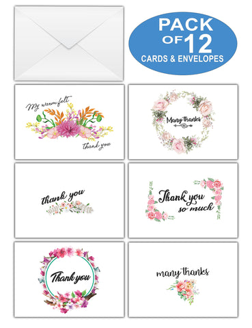 Creanoso Thank You Cards Ã¢â‚¬â€œ Floral Theme Design (12-Pack) Ã¢â‚¬â€œ Elegant Floral Design Thank You Cards