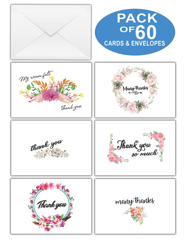 Creanoso Thank You Card Set Ã¢â‚¬â€œ Floral Designs (60-Pack) Ã¢â‚¬â€œ Perfect Note Cards for Any Occasions