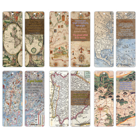 Creanoso Antique Map Travelers Quote Saying Premium Bookmarks (60-Pack) - Vintage Map Bookmarkers