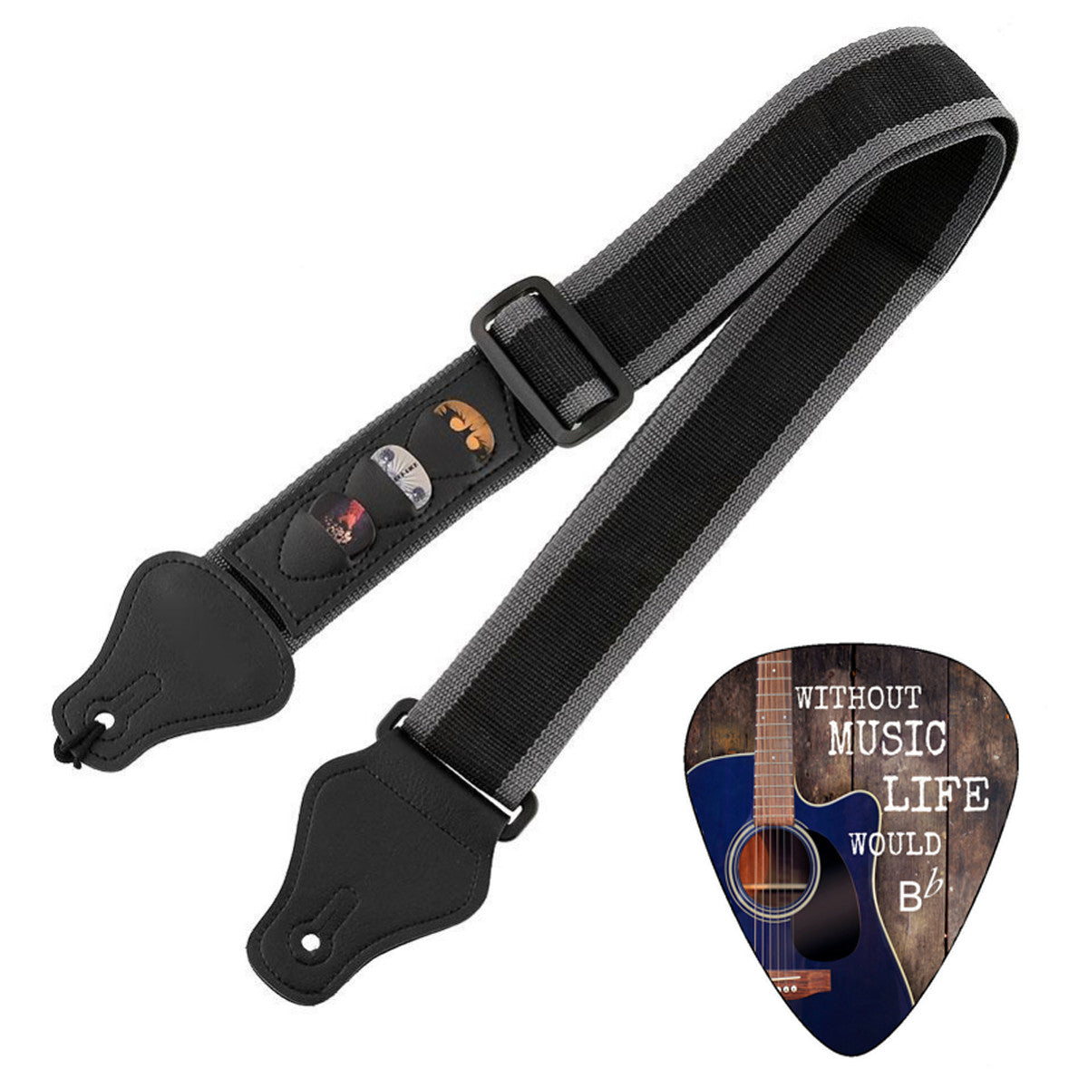 Creanoso Guitar Strap With 3 Guitar Pick Holders with Leather Ends - Black